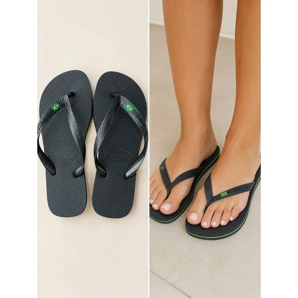 Havaianas Brasil Logo Black Flip Flops Sandals Mens 7/8 Womens 9/10